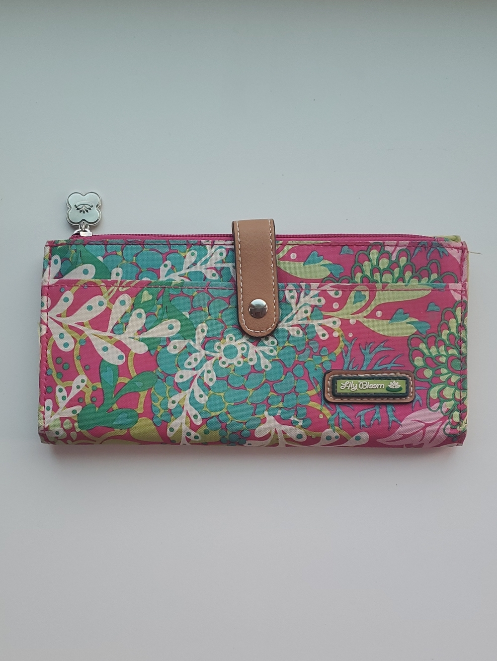 Lily Bloom Multicolor Pink Floral Zip Wallet with Tan Snap